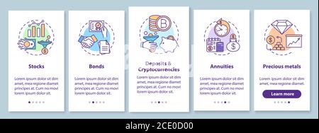 Types d'investissement intégration de l'écran de la page d'application mobile avec des concepts Illustration de Vecteur