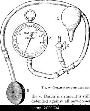 . L'étude clinique de la tension artérielle : un guide de l'utilisation du sphygmomanomètre dans la pratique médicale, chirurgicale, et obstétricale, avec un résumé des faits expérimentaux et cliniques relatifs à la tension artérielle dans la santé et dans la maladie . del. Le point de compression, ou rendu visible par un levier tenu au-dessus de l'artère par un bracelet en caoutchouc. Juste au moment où il disparaît, ou, comme le plus souvent, lorsqu'il revient au premier moment alors que lapression est abaissée, le manomètre est lu. Cette readingdonne la pression en millimètres de mercure nécessaire toobliterate l'artère, c'est-à-dire, la fin de systole se prépare Banque D'Images