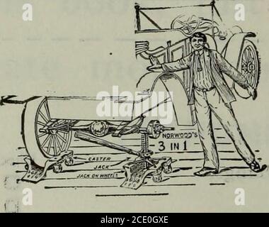 . Marchandisage du matériel Mars-juin 1915 . Cric sur roulettes, cric sur roues, connu sous le nom as3 en 1, dispositif de manutention, auto-mobiles, camions, etc. Le cric est détachable et peut être utilisé sur laroue ou sur le sol. Le cric est madeavec une base large, haut étendu, longue, et il est prétendu lever ou abaisser deux tonnes sans stooping sous la voiture. Avec la poignée de 3% ft. Le cric peut être poussé autour de l'atelier, sous une voiture, la voiture relevée et abaissée. Le. Montrant la combinaison en usage. Les fabricants affirment que, avec les roulettes sous les roues, deux hommes peuvent manipuler l'automobile la plus lourde en moins Banque D'Images