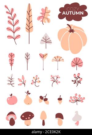 Jeu de dessins d'automne colorés. Un automne agréable. Feuilles et branches diverses, baies et acornes, champignons et potiron, pomme et poire. À utiliser en cas de chute Illustration de Vecteur