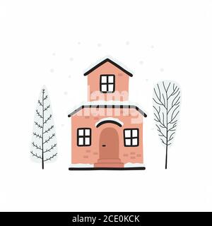 Maison d'hiver de dessin animé. Image vectorielle d'une maison de Noël et d'arbres couverts de neige. Illustration de Vecteur