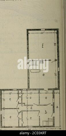 . Rapport . Figure 41. Fig. 42. Plan du rez-de-chaussée des maisons,(a) Verandah ;{b) entrée et escaliers ; 277 [cc) salon double et baie vitrée ; ((/) Chambre ; (e) Koom ; (/) Boudoir ; (g) cuisine ; {h) Escaliers à cave ; (i) escalier menant aux pièces au-dessus ; {j) cuisine d'été ; {k) Bois. Figure 42. Plan de la partie supérieure de la maison. (A) Galerie ; {b) salle. ; (CC) chambres ; (d) passage ; (e) salle de bains :(/) Garret. Figure 43. (Tôle 6). Vue de la grange et des écuries de M. J. Templetons, du sud. Figure 44.Plan de terrain de la maison d'entraîneur et des écuries de M. J. Templetons, sous le bam (fig. 43). (A) Coach Banque D'Images