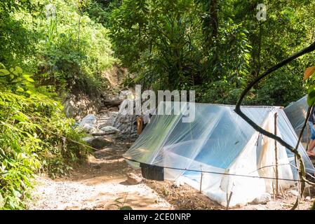 Deuxième camp près des sources chaudes du ruisseau Gurah Dans la jungle de Ketambe Banque D'Images