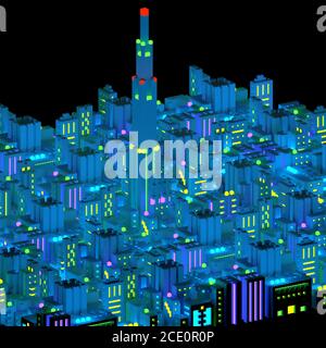 Vue de dessus d'une ville au néon faite de blocs de construction la nuit avec des lumières brillantes. Vue aérienne illustration 3D en perspective isométrique sur la bande noire Banque D'Images