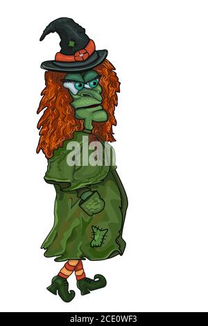 Sorcière cartoon isolée sur fond blanc. Vieille sorcière en manteau vert et chaussettes colorées. Caractère Halloween. Illustration vectorielle Epiphany Night.stock Illustration de Vecteur