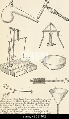 . Un compagnon des lecteurs tropicaux de Blackie, les livres I et II : contenant des suggestions d'expériences et de travaux pratiques . Figure 5.—Apparatus16 (C 282 ). Fig. b.—a, flacon en verre; b, c, béchers en verre; d, verre d'essai à pied; e, entonnoir à chardon; /, cloche boutée; g, récipient à gaz; h, bouteille détonante (pour l'explosion des gaz); k, rosier; I, bec Bunsen; m, bouteille de Woulffs;7i, creuset; o, o, o, flacon de chalumeau; p, bec de test; bec de bouillie, bec de bouillie, bec de bouillie, bec de bouillie; Figure 6.—s, cornue avec bouchon; t, support de tube à essai;u, balances; v, trépied; W, boîte à évaporation; x, brosse de tube à essai; y, pinces pour creusets; Banque D'Images