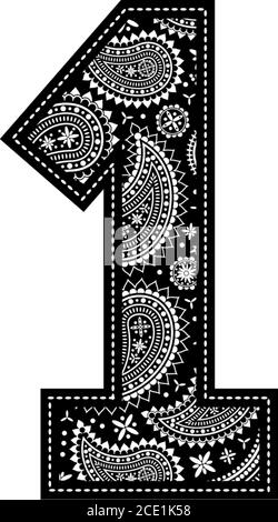 numéro 1 avec motif cachemire. Broderie noire. Isolé sur blanc Illustration de Vecteur