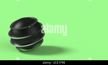 Boule noire et verte avec bandes de ligne dans l'espace. Isolée sur fond rose. Image abstraite futuriste de contraste noir et blanc. Rendu 3D, Banque D'Images