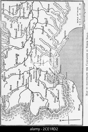 . La vie de Napoléon Ier, y compris les nouveaux matériaux des archives officielles britanniques . très près des sources de la Bormida et du Tanaro, deux des principaux affluents de la rivière po : Et les routes fol-lawing ces vallées fluviales ont mené, l'un nord-est, en direction de Milan, l'autre nord-ouest vers Turin, la capitale sarde. Un coin de pays montagneux séparait ces routes en s'écartant du voisin de Montenotte. C'est évidemment là le point de vulnérabilité de la position austro-sarde. Ici, alors Bonaparte avait pour but de livrer ses premiers coups, prévoyant que, devrait Banque D'Images