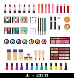 Illustration d'ensembles de cosmétiques décoratifs pour le maquillage pour femmes icône vectorielle plate isolée Illustration de Vecteur