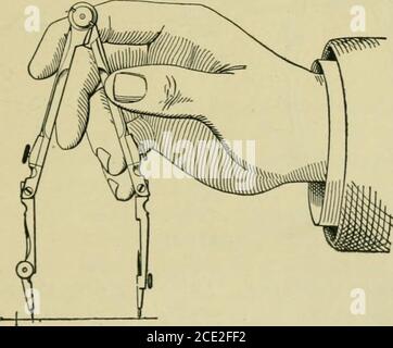 . Un manuel sur le génie mécanique et électrique . Figure 9 maladroit de tenir les compas par la tête, comme c'est habituellement le cas avec les instruments fournis avec les joints de timon. Sur la Fig. 9 illustre un type commun de joint de pivot. 8. Les suggestions suivantes pour la manipulation des compilations doivent être soigneusement observées par ceux qui commencent le projet de dessin mécanique. N'importe quel dessinateur qui fait des mains maladroites sur ses instruments va créer une mauvaise impression, nombriant à quel point il est bon ouvrier. La tendance de. Figure 10 tous les débutants est d'utiliser les deux mains pour faire fonctionner les com-passes. Cela doit être évité. Le studen Banque D'Images