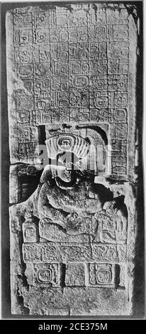 . Une introduction à l'étude des hiéroglyphes maya . Figure 81. La série initiale, la série secondaire et la date de fin de période sur autel S, Copan. La fin du cycle 10 du glyphe 8a est simplement la redondance. Le writercroit que 9.15.0.0.0 4 Ahau 13 Yax indique le temps actuel ofAltar S plutôt que 10.0.0.0.0 7 Ahau 18 Zip, et que conséquentlythe dernière date était prophétique en caractère, comme l'était le même dateon Zoomorph G à Quirigua. Une raison whica rend ce prob- BUREAU DE L'ETHNOLOGIE AMÉRICAINE BULLETIN 57 PLAQUE 23. SÉRIES INITIALES, SÉRIES SECONDAIRES ET DATES DE FIN DE PÉRIODE SUR STELA 3, PIEDRAS Banque D'Images