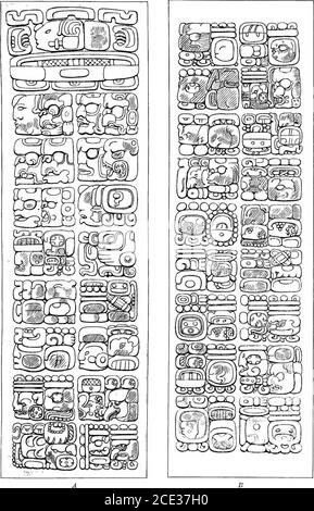 . Une introduction à l'étude des hiéroglyphes mayas . TH figures 16, a, i, et 19, d-f, respectivement. La série initiale lit donc 9.14.13.4.17 12 Caban 5 Kayab.* 1 les dates entre crochets sont celles qui ne sont pas réellement enregistrées mais qui sont atteintes par des nombres appearingdans le texte. 2 bien que non enregistré, le nombre 1.14.6 est la distance entre la date 9.15.5.0.0 atteinte par la série du second-aire d'un côté et le point de départ de la série secondaire de l'autre côté, soit 9.15.6.14.6 6 CIML 4 Tzec. 3 pour le texte de cette inscription, voir Maudslay, 1889-1902: II, pis. 37, 39,40. Banque D'Images