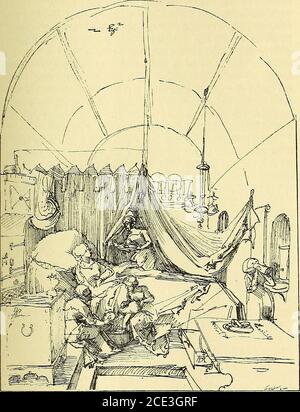 . Gazette des beaux-arts . aux : le Port de la croix, Jésus jardinier devantMadeleine, Saint Sébastien et Saint Roch (Institut Stâdel, à Francfort).Diirer arrivez à une composition plus simple et plus homogène danses douze dessins de la passion verte. Sandrart raconte quil vit chezFerdinand II dans un in-ZI, entre autres merveilles, cette série dessineà la plume sur papier vert (doù le nom passion verte) avec des rehautsblancs ; il ajque « cette passion doit être votre consisérée » e mesure la sortie. Ces dessins sont aujourdhui à VAlbertine. Len-thousiasme de Sandrart ne pa Banque D'Images