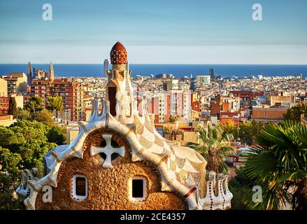 Park Guell House au coucher du soleil, à Barcelone Espagne Banque D'Images