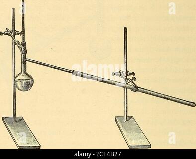 . Méthodes pratiques de chimie organique . 22 PARTIE GÉNÉRALE afin que les vapeurs n'entrent pas en contact avec le liège. En règle générale, un liège n'est pas utilisé ; le tube de sortie est inséré suffisamment loin dans le condenseur. Chauffage. — les substances à faible ébullition (celles qui bouillent jusqu'à 8°) ne sont généralement pas chauffées au-dessus de la flamme libre, mais sur le bain d'eau doucement ou à ébullition complète. Il est souvent plus commode d'immerger l'ampoule de la fiole de fractionnement jusqu'au leveldu liquide qu'elle contient dans un plat ou un bécher rempli d'eau, qui est chauffé doucement ou fortement selon le cas Banque D'Images