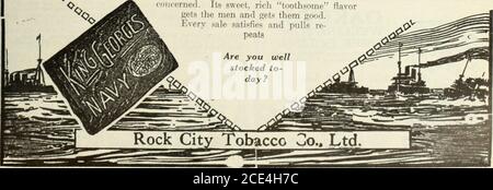 . Épicier canadien avril-juin 1920 . en demande toute l'année iere est fait hors saison où le tabac À MÂCHER DE LA MARINE KINGGEORGES est concerné. Son doux, riche et savoureux aromate les hommes et les obtient bon.chaque vente satisfait et tire des repeats. 50 ÉPICIER CANADIEN le 30 avril 1920 au printemps le palais crasse de nouveaux plats— la Mapleine donne aux desserts une touche de nouveauté—une petite surprise de dégustation d'érable que l'appe-tite, fatiguée en hiver, va vraiment apprécier. Le sirop de mapleine est une délicieuse vinaigrette sur des salades de fruits, recette avec chaque bouteille. Lorsque votre stock doit être réapprovisionné, commandez votre sous-traitant ou F. E. Robson & Co., 2 Banque D'Images