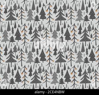 Motif forêt d'épicéa sans coutures dans le style scandinave. Arrière-plan Woodland. Illustration vectorielle Doodle dessinée à la main Illustration de Vecteur