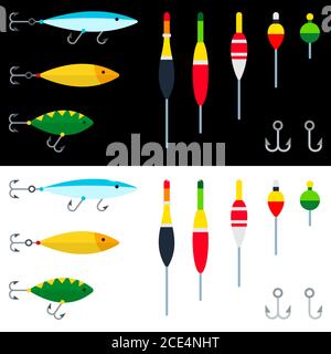 Jeu d'accessoires de pêche, crochets, boules, flotteurs illustration vectorielle dans un modèle plat. Illustration de Vecteur