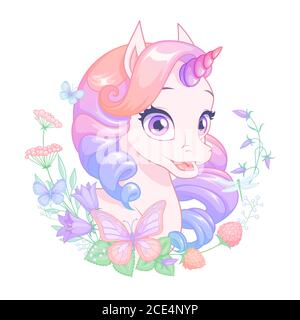 Jolie petite licorne rose entourée de fleurs et de papillons. Illustration vectorielle isolée. Illustration de Vecteur