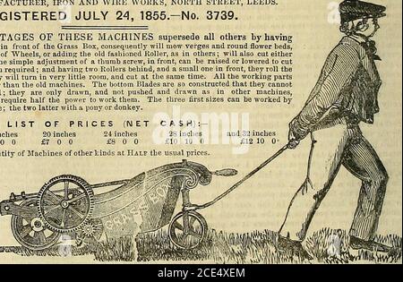 . La chronique des jardiniers et la Gazette agricole . devant la boîte à herbe, coiisequetily tond des verges et des massifs de fleurs rondes, sans aucun changement de roues, ou en ajoutant le vieux rouleau, comme dans d'autres; Permet également de couper l'herbe à sec ou humide, et grâce au réglage simple d'une vis à oreilles, à l'avant, peut être relevée ou abaissée pour couper l'herbe à n'importe quelle longueur requise ; et avec deux rouleaux derrière, et un petit à l'avant, ils roulent la largeur de la coupe ; ils vont tourner dans très peu de place, et couper en même temps. Toutes les pièces de travail ont fait beaucoup plus fort que les anciennes machines. Les lames inférieures sont ainsi Banque D'Images