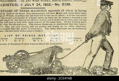 . La chronique des jardiniers et de la Gazette agricole . RS par havinga petite roue devant la boîte de l'herbe, par conséquent sera truand ?rges lits de fleurs rondes, sans aucun changement de roues, ou en ajoutant l'ancien rouleau, comme dans d'autres; Permet également de couper l'herbe à sec ou humide, et grâce au réglage simple d'une vis à oreilles, à l'avant, peut être relevée ou abaissée pour couper l'herbe à n'importe quelle longueur requise; et ayant deux rouleaux i)elud, et un petit à l'avant, ils roulent la largeur ihey couper; ils vont tourner dans très peu de place, et couper en même temps. Toutes les pièces de travail ont fait beaucoup plus fort que les anciennes machines. Banque D'Images