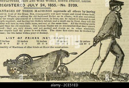 . La chronique des jardiniers et la Gazette agricole . tous les autres par havinga petite roue devant la boîte à herbe, par conséquent, tondera les verges et les hedsfleurs rondes sans aucun changement de roues, ou ajouter l'ancien rouleau, comme dans d'autres; Permet également de couper l'herbe sèche ou humide, et par le simple réglage d'une vis à oreilles, à l'avant, peut être levé ou abaissé pour couper l'herbe toute longueur requise ; et ayant deux rouleaux derrière, et un petit à l'avant, ils roulent la largeur qu'ils coupent; ils vont tourner dans très peu de place, et couper en même temps. Toutes les pièces de travail ont fait beaucoup plus fort que l'ancien ma Banque D'Images