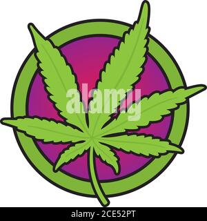 Cannabis ou marijuana feuille vecteur conception. Illustration détaillée en gras de la feuille de cannabis sur fond violet psychédélique. Illustration de Vecteur