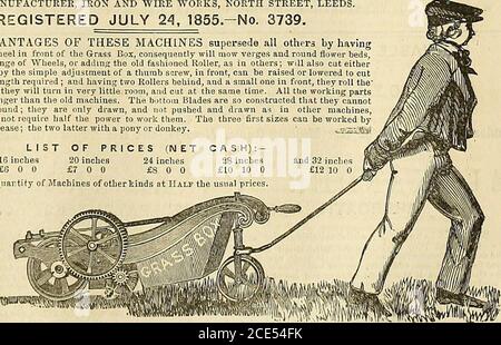 . La chronique des jardiniers et la Gazette agricole . ET WIRE WORKS, NORTE STREET, LEEDS. ENREGISTRÉ LE 24 JUILLET 1855-No 3739. T^E LES AVANTAGES DE CES MACHINES remplacent tous les autres en ayant?*- une petite roue devant la boîte à herbe, par conséquent, fauchera les verges et les lits de floppeur ronds, sans, aucun changement de Wlieels, ou addinp; tbe Old fasluoucd Roller, comme dans d'autres; Permet également de couper l'herbe humide ou sèche, et par le simple réglage d'une vis à oreilles, à l'avant, peut être levé ou abaissé pour couper l'herbe toute longueur requise ; et ayant deux rouleaux derrière, et un petit dans fiont, ils roulent la (vidth Banque D'Images