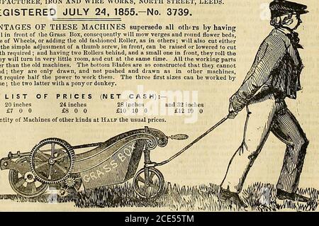 . La chronique des jardiniers et la Gazette agricole . ga petit Wlieel devant la boîte à herbe, conspiquemment tondera les verges et les massifs de fleurs rondes, sans aucun changement de roues, ou en ajoutant l'ancien rouleau, comme dans d'autres; Permet également de couper l'herbe à sec ou humide, et par le simple réglage d'une vis à oreilles, à l'avant, peut être levé ou abaissé pour couper l'herbe à la longueur requise ; et ayant deux rouleaux derrière, et un petit à l'avant, ils roulent à la largeur qu'ils coupent; ils vont tourner dans très peu de place, et couper en même temps. Toutes les pièces de travail ont fait beaucoup plus fort que les anciennes machines. Tlie bot Banque D'Images