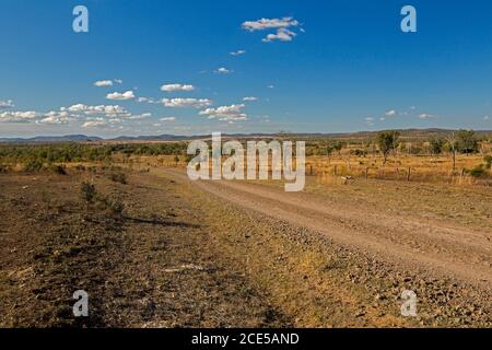 Paysage aride de de l'Outback australien pendant la sécheresse avec route de gravier rouge tonte à travers les plaines jusqu'aux gammes basses distantes sous le ciel bleu avec des nuages Banque D'Images