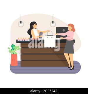 Comptoir du magasin de détail. Bonne femme magasiner dans un magasin de mode, illustration vectorielle plate Illustration de Vecteur