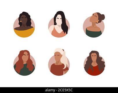 Réaliser différents portraits abstraits de femmes d'une grande équipe d'affaires diversifiée. Ensemble de collègues joyeux. Collection de personnages de dessins animés féminins. Divers Illustration de Vecteur