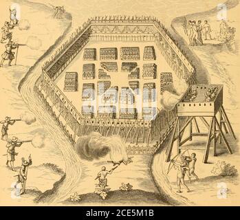 . Une plus grande histoire des États-Unis d'Amérique, jusqu'à la fin de l'administration du président Jackson . -HF-FW FORTIFIÉ MANDAN VILLAGE. i6 HISTOIRE DES ETATS-UNIS. De Neuwiecl; à d'autres égards, les deux villages sont almostdupts. Pour voir comment ils se sont peut-être regardés lorsqu'ils se sont produits, nous pouvons les comparer à une représentation d'un mal-lage des Onondagas, attaqué par Champlain en 1615. Ceci. VILLAGE FORTIFIÉ D'ONONDAGA. La coupe de bois est reproduite d'un dans le documentaire HIS-tory de New York. Il est clair que les bâtisseurs de plaies hadbeaucoup en commun avec ces tribus bien connues des Indiens Thema Banque D'Images