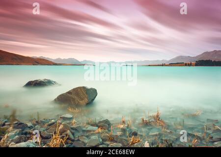 Exposition longue durée au lac Tekapo en Nouvelle-Zélande Banque D'Images