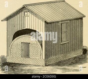 . Plans de grange et dépendances . CADRE POUR CADRE D'ARCHE, figure 30i, fait de quelques morceaux de planche, coupé intoan ovale arc-forme, à laquelle les bandes de bois sont clouées.Wlien le travail de brique est sec le centre est frappé et enlevé. Pour la sécurité et l'économie une porte lâche peut-être faite pour fermer l'arche quand le feu est allumé.Figure 305 montre une maison de fumée commune dans le Maryland 304 GRANGE PLAKS ET LES DÉPENDANCES et la Pennsylvanie. Il est construit sur un mur de brique, andover une arche de brique, à travers laquelle un certain nombre de trous orespaces sont laissés dans le travail de brique pour que la fumée passe à travers. Sous la voûte plantaire se trouve la cendre pi Banque D'Images