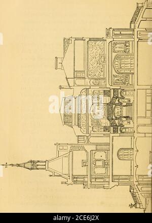 . La maison de l'Anglais, d'un chalet à un manoir. Un guide pratique pour les membres des sociétés du bâtiment, et tous intéressés à choisir ou à construire une maison . sessnécessaire pour recevoir les normes de fer de la rambarde ci-dessus. Un des corbels et un panneau de l'armoire est donné. Il est porté vers le haut des escaliers des deux côtés et autour de la galerie, et est richement coloredet doré. Les seules parties restantes du plan de terrain à décrire sont les salles secondaires. Une entrée latérale est à j, et la salle d'attente, moi, est aussi à theside ; h est l'escalier des serviteurs, allant de la base à la TH Banque D'Images