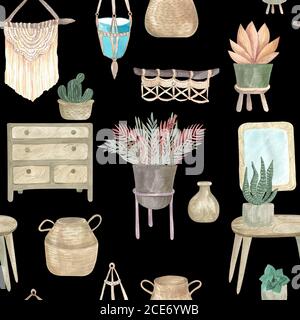 Motif sans couture de plantes boho et de fleurs intérieures dans des paniers et des pots suspendus mobilier éléments intérieurs. Aquarelle illustration décor moderne Banque D'Images