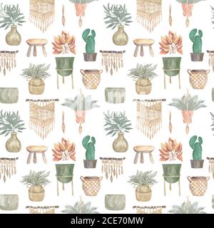 Motif sans couture de plantes boho et de fleurs intérieures dans des paniers et des pots suspendus décor macrame. Illustration aquarelle d'un intérieur moderne sur un W Banque D'Images