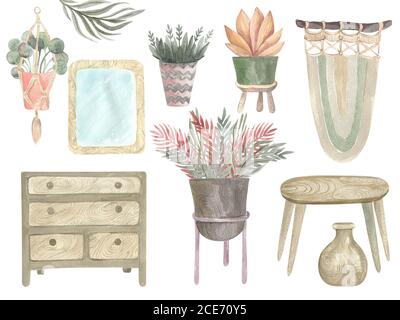 Illustration aquarelle des éléments intérieurs en style boho. Maison décoration articles ensemble table peinte à la main commode maison plantes pot miroir panier vase ma Banque D'Images