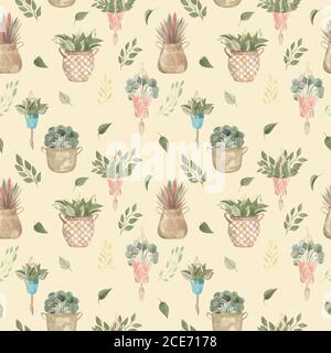 Motif sans couture de plantes de boho et de fleurs intérieures dans des paniers et des pots suspendus. Aquarelle illustration décor moderne maison sur fond jaune Banque D'Images