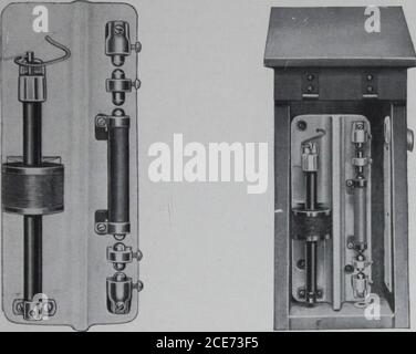 . Appareil de protection contre la foudre Garton-Daniels et Keystone. . Les parafoudres de type station sont fournis assemblés sur des bases en porcelaine, avec des pièces métalliques hautement polies et laquées. Les pare-étincelles de type poteau sont pourvus de couvercles en bois ou en fer, a&gt, qui sont tous deux parfaitement étanches et de notre conception de support-ard. Ils sont équipés de bagues isolantes pour l'entrée de cordon, et l'arrêteur est soigneusement isolé du couvercle. La distance d'entrefer standard entre la conduite et le potentiomètre de masse de cet arrêt est de 1 16 pouce. La résistance non inductés100 ohms-. Terminer l Banque D'Images