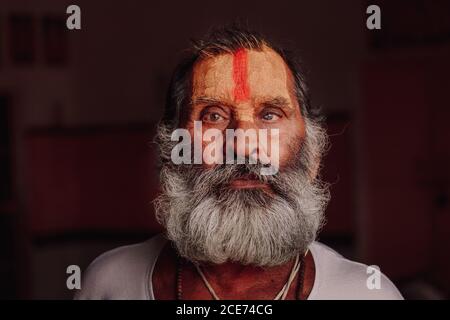 Inde - 3 novembre 2012 : homme indien âgé avec une barbe grise et un visage peint regardant la caméra Banque D'Images