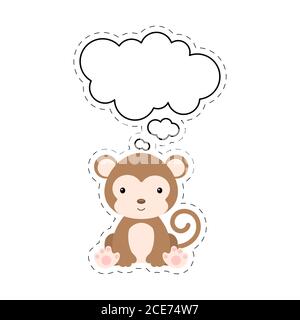 Joli singe de dessin animé avec autocollant à bulle de discours. Caractère kawaii sur fond blanc. Bande dessinée assis animal carte postale clipart pour anniversaire bébé douche Illustration de Vecteur