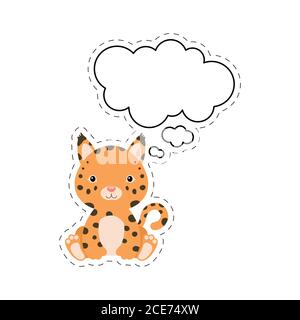 Joli lynx de dessin animé avec autocollant à bulle de discours. Caractère kawaii sur fond blanc. Caricature de carte postale d'animal assis pour anniversaire, douche de bébé Illustration de Vecteur