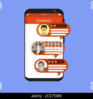 Commentaires et taux du client sur le smartphone. Commentaires vectoriels et avis sur écran mobile, évaluation par étoile et commentaire. Illustration recommandée f Illustration de Vecteur