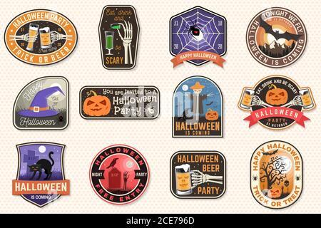 Patchs pour Halloween. Badge rétro Halloween, épingle. Autocollant pour logo, imprimé, sceau, timbre, patch. Scarecrow avec corbeau, citrouille, main squelette, cimetière, verre de bière magique Typographie design- vecteur de stock Illustration de Vecteur