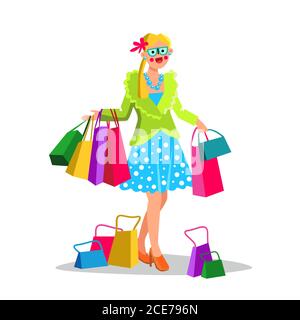 Shopaholism problème femme marchant avec des sacs Vector Illustration de Vecteur