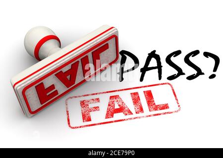 Réussite ? Non, échec. L'embouti et une empreinte. Mot NOIR PASSE? Et le tampon et l'empreinte en caoutchouc rouge ÉCHOUENT sur la surface blanche. Illustration 3D Banque D'Images