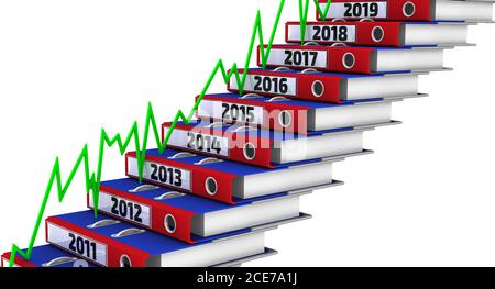 Dossiers de bureau empilés sous forme d'étapes, marqués les années 2011-2019, et le graphique vert. Illustration 3D Banque D'Images